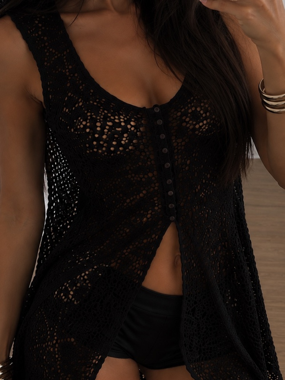 Vintage Black Hooded Crochet Knit Button-Front Vest - Picture 2 of 2